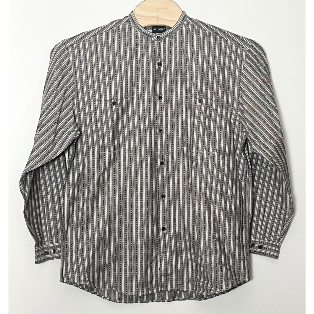 Reunion Banded Collar Button Down Shirt Mens Med Grey Striped Geometric Print